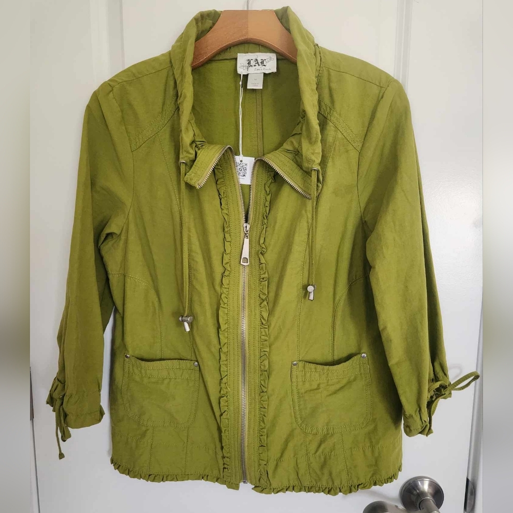 Cute LAL Olive Green Zipper Jacket with Ruffle Embellishments